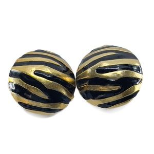 Black And Gold Zebra Round Dome Clip Earrings - Costume Jewelry